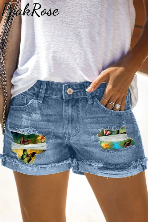 Casual Spring/Summer Butterflies Paintings Denim Shorts