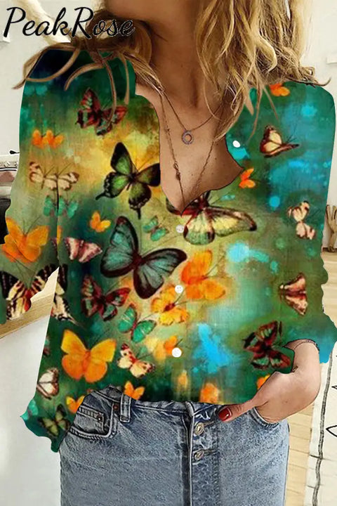 Casual Spring/Summer Butterflies Paintings Long Sleeve Shirt S / Multicolor Women