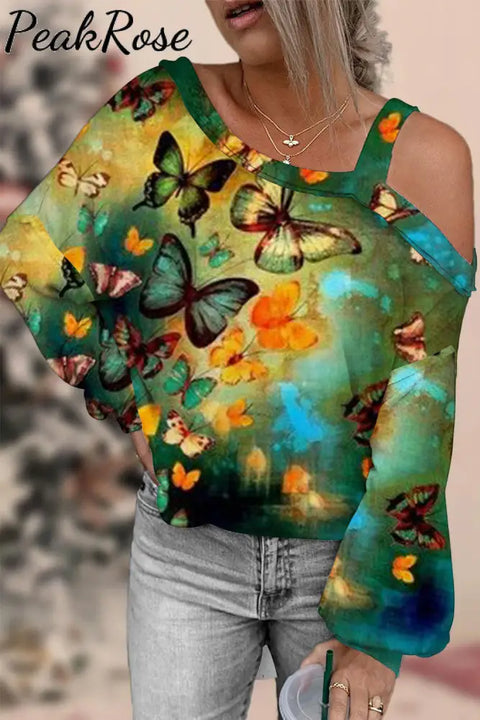 Casual Spring/Summer Butterflies Paintings Off Shoulder Blouse