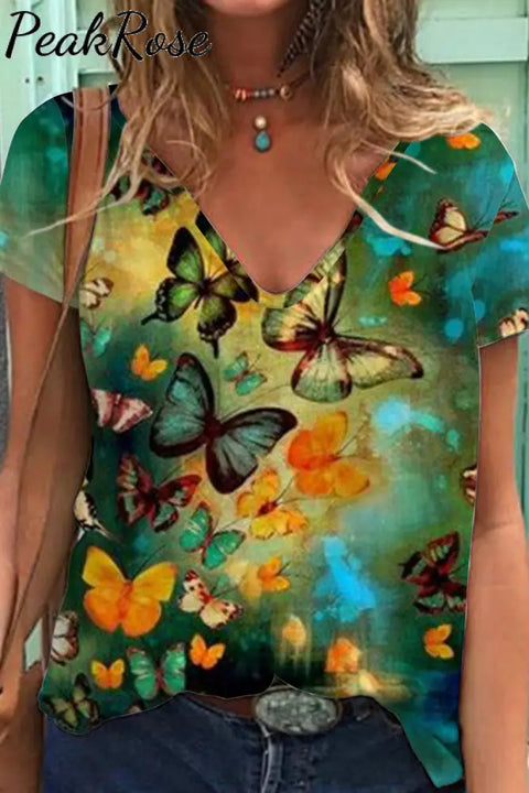 Casual Spring/Summer Butterflies Paintings V Neck Short Sleeve T-Shirt