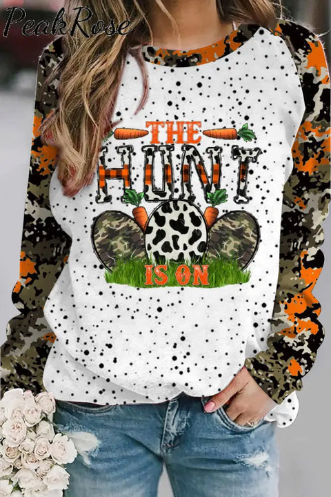 Casual The Hunt Is On Happy Easter Armygreen Carrot Eggs Printed Sweatshirt