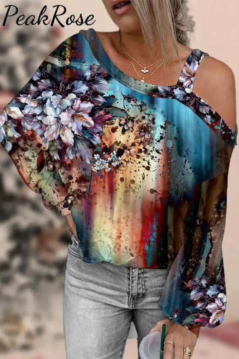 Casual Vintage Flower Bouquet Printed Off Shoulder Blouse