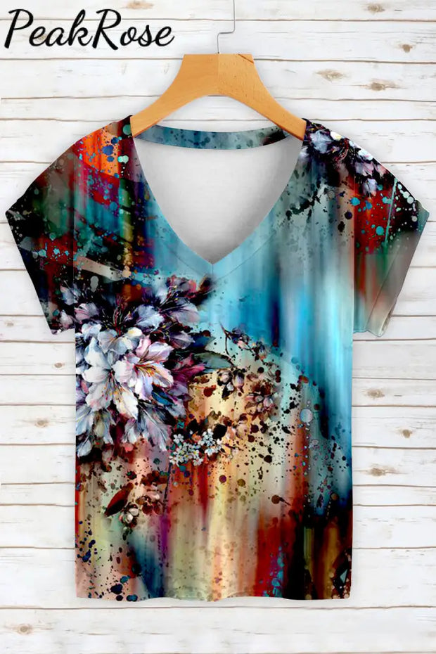 Casual Vintage Flower Bouquet Printed V Neck Short Sleeve T-Shirt