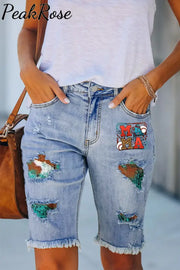 Casual Western Rhinestone Leopard Baseball Mama Bermuda Denim Shorts