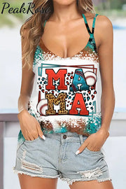 Casual Western Rhinestone Leopard Baseball Mama Halter Tops Tops