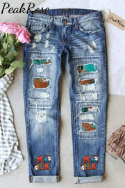 Casual Western Rhinestone Leopard Baseball Mama Ripped Denim Jeans