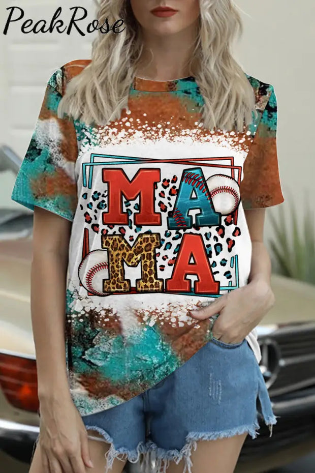 Casual Western Rhinestone Leopard Baseball Mama Round Neck Short Sleeve T-Shirt