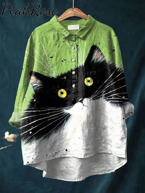 Cat Art Printed Women’s Casual Cotton And Linen Shirt Hot Sell