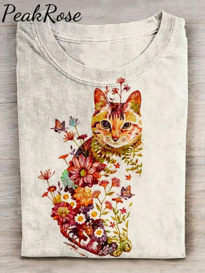 Cat Flower Art Print Casual Short Sleeve T-Shirt As Pic / S Hot Sell