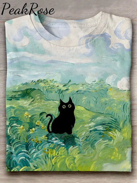 Cat In Green Wheat Fields Art Print Casual Short Sleeve T-Shirt As Pic / S Hot Sell