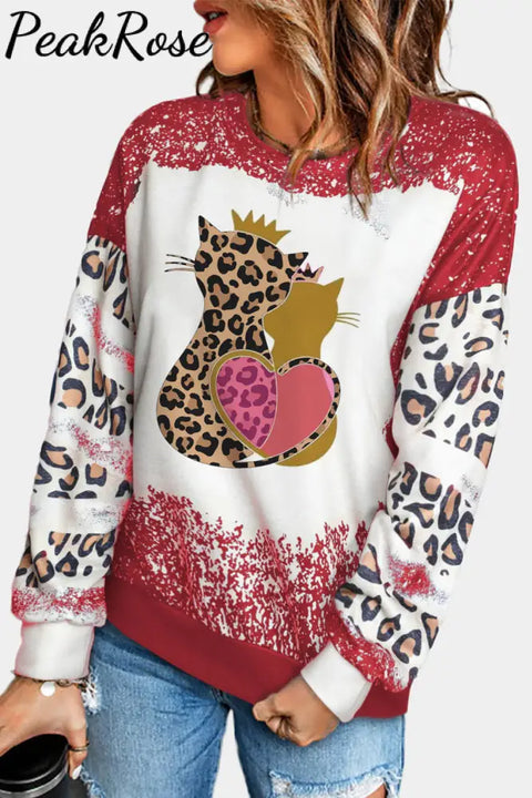 Cat Leopard Decoration Round Neck Sheath Casual Basic Sweatshirt