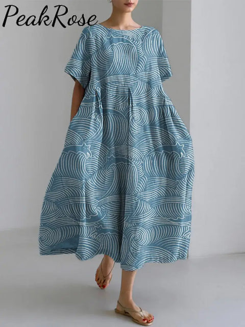 Cats & Waves Pattern Linen Blend Midi Dress Blue / S Hot Sell