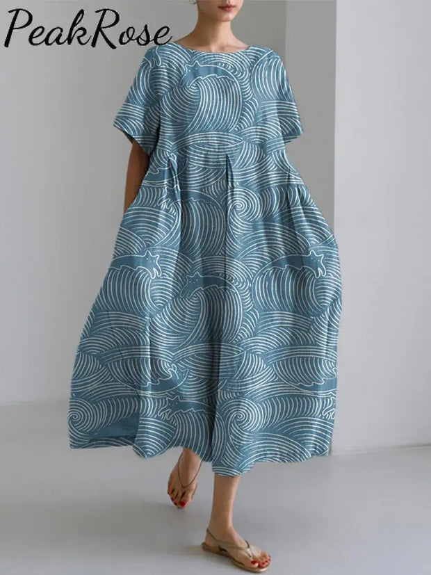 Cats & Waves Pattern Linen Blend Midi Dress Blue / S Hot Sell