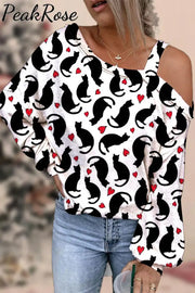 Cats With Hearts Print Off-Shoulder Blouse