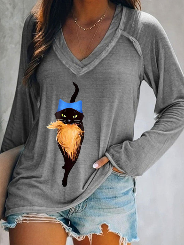 Women's Pussy Hat Cat&Orange Feminist Print V-Neck T-Shirt