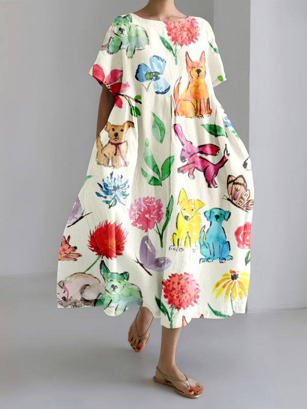 Women‘s Happy Puppy Floral Art Print Midi Dress