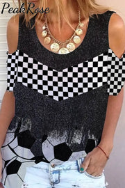 Checkerboard Graphic & Soccer Pattern Cold Shoulder T-Shirt T-Shirt