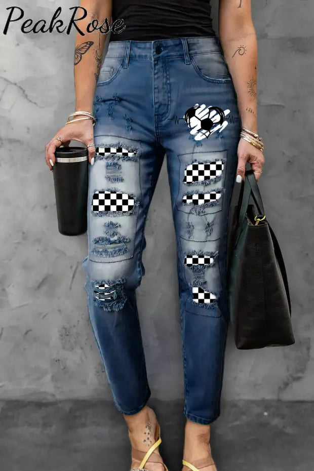 Checkerboard Graphic & Soccer Pattern Ripped Denim Jeans