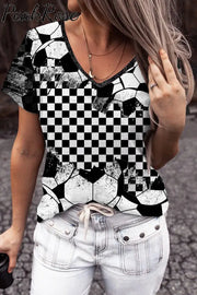 Checkerboard Graphic & Soccer Pattern T-Shirt