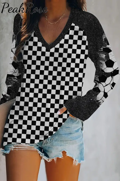 Checkerboard Graphic & Soccer Pattern V Neck Short Sleeve T-Shirt