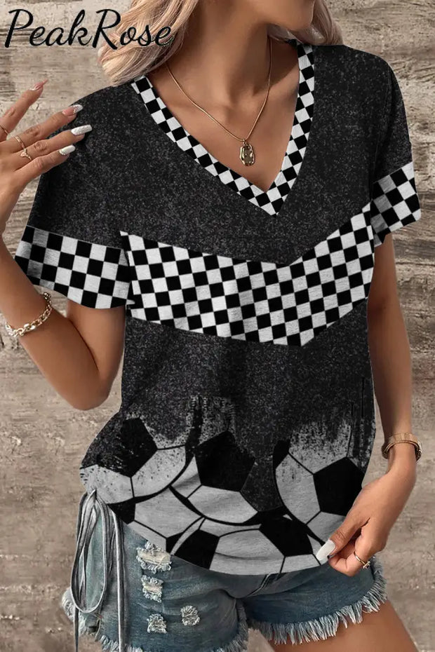 Checkerboard Graphic & Soccer Pattern V-Neck T-Shirt T-Shirt