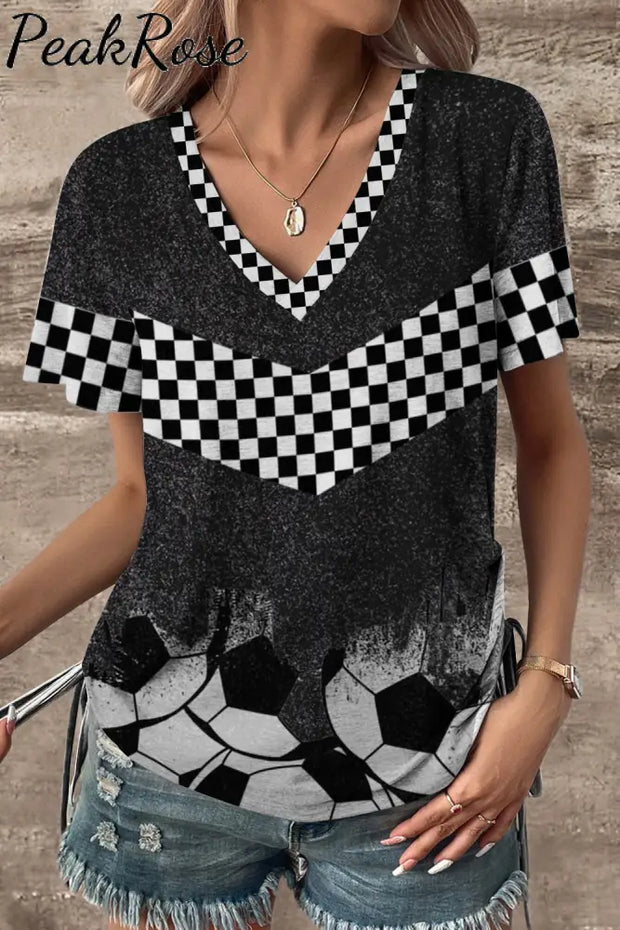 Checkerboard Graphic & Soccer Pattern V-Neck T-Shirt T-Shirt