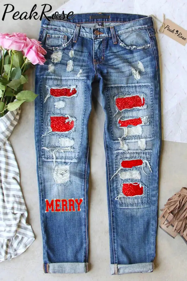 Chenille Patch Merry Christmas Denim Jeans