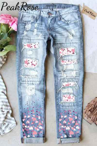 Cherry Blossoms Mid Waist Ripped Jeans