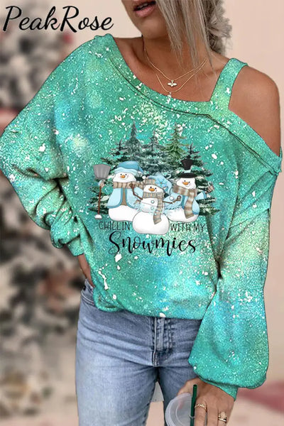 Chillin With My Snowmies Print Off-Shoulder Blouse S / Photo Color