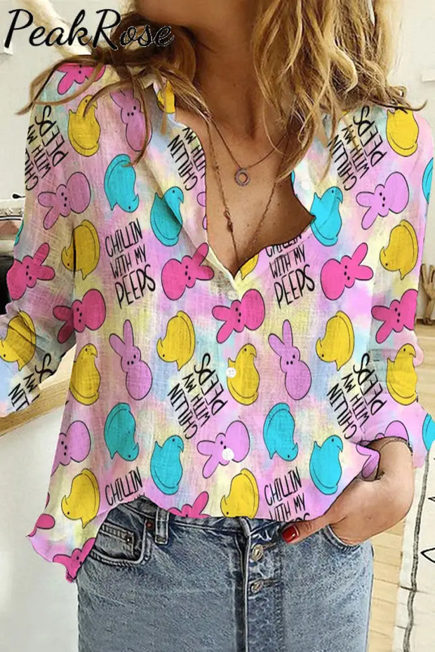 Chilling With My Peeps Easter Bunnies Marshmallows Printed Long Sleeve Shirt Women