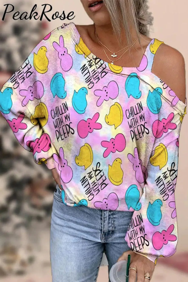 Chilling With My Peeps Easter Bunnies Marshmallows Printed Off-Shoulder Blouse