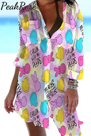 Chilling With My Peeps Easter Bunnies Marshmallows Printed Patch Front Pockets Shirt