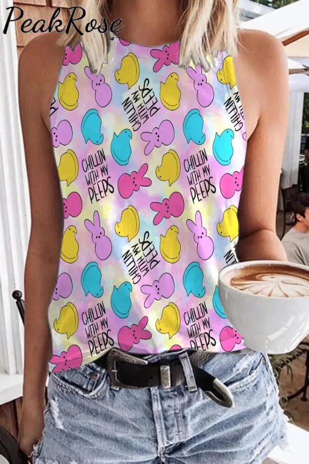 Chilling With My Peeps Easter Bunnies Marshmallows Printed Tank Top