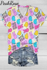 Chilling With My Peeps Easter Bunnies Marshmallows Printed V Neck T-Shirt T-Shirt