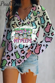 Chilling With My Peeps Easter Bunnies Printed V-Neck Long Sleeve Tee