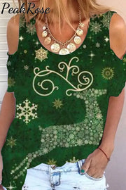 Christmas Deer Cold Shoulder T-Shirt S / Green