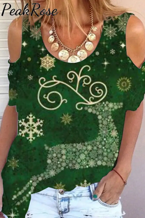 Christmas Deer Cold Shoulder T-Shirt S / Green