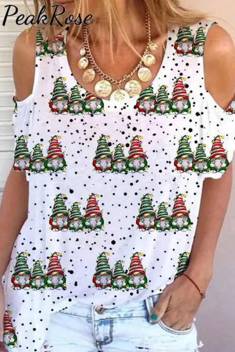 Christmas Gnomes Print Polka Dots Cold Shoulder T-Shirt T-Shirt