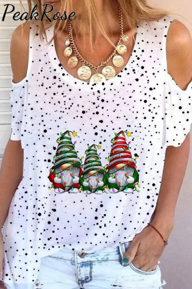 Christmas Gnomes Print Polka Dots Cold Shoulder T-Shirt S / T-Shirt