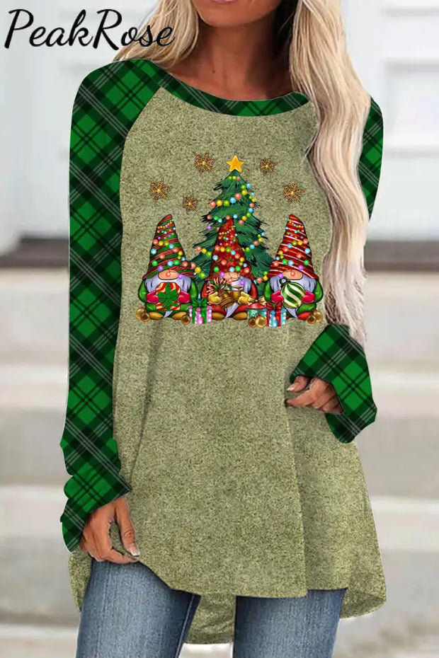 Christmas Lanterns Gnome Green Plaid Loose Tunic S /