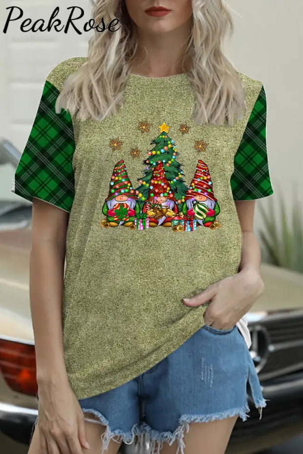 Christmas Lanterns Gnome Green Plaid T-Shirt