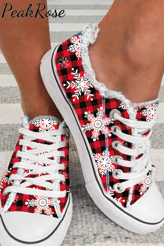 Christmas Plaid Snowflake Flats Canvas Shoes / 3.5(35)