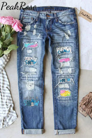 Christmas Ripped Denim Jeans Patchwork Glitter Let It Snow