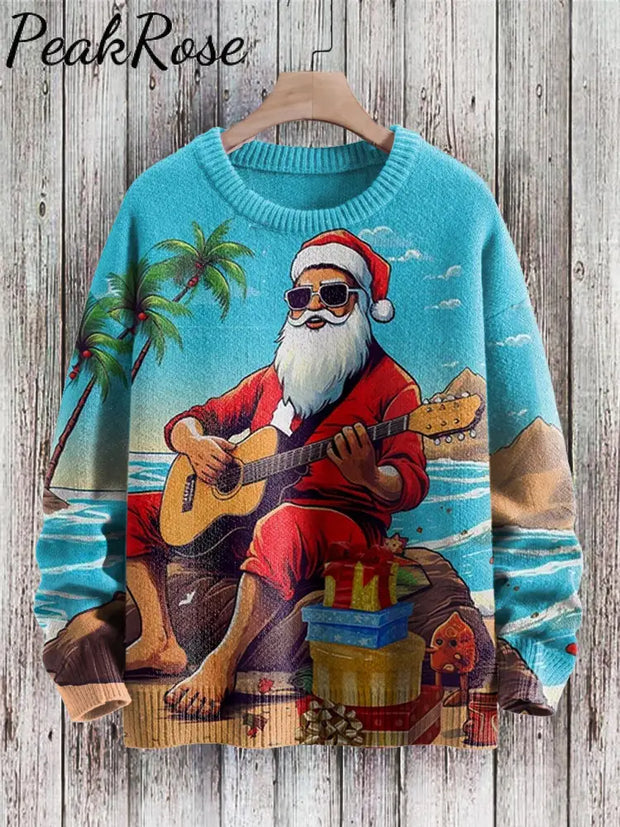 Christmas Santa Claus Playing Guitar Art Pattern Print Casual Knit Pullover Sweater Christmas