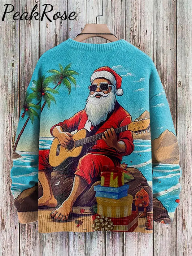 Christmas Santa Claus Playing Guitar Art Pattern Print Casual Knit Pullover Sweater Christmas