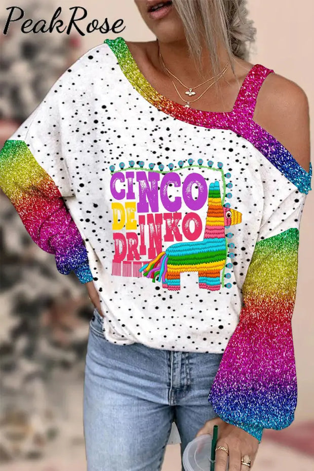 Cinco De Drinko Horse Mexican Festival Printed Off-Shoulder Blouse