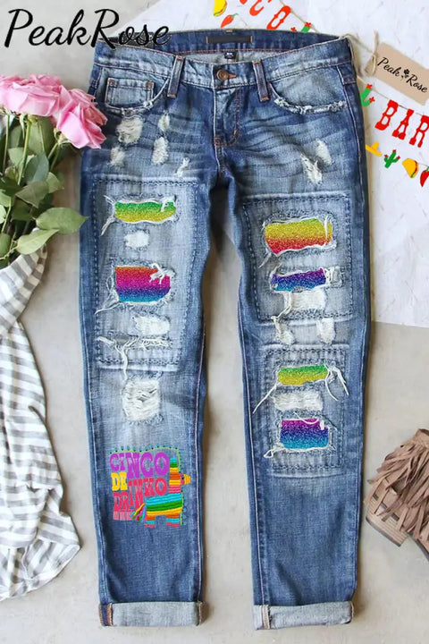 Cinco De Drinko Horse Mexican Festival Printed Ripped Denim Jeans S