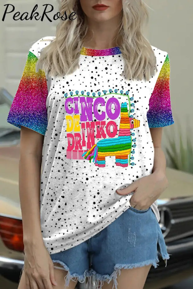 Cinco De Drinko Horse Mexican Festival Printed Round Neck T-Shirt T-Shirt