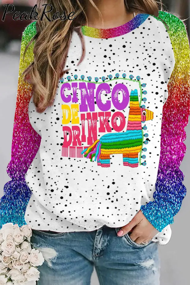 Cinco De Drinko Horse Mexican Festival Printed Sweatshirt S / White