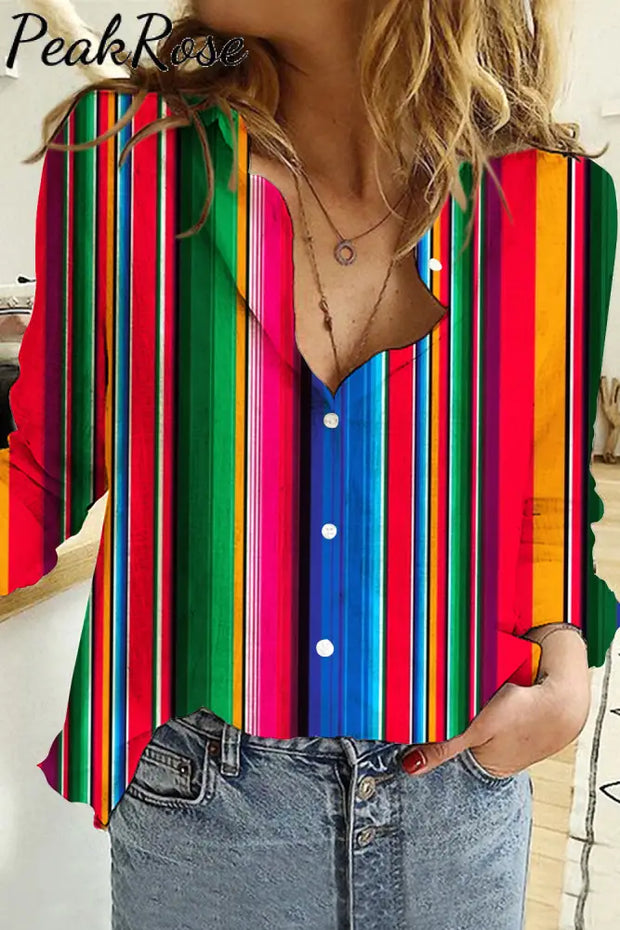 Cinco De Mayo Mexican Western Striped Print Casual Long Sleeve Shirt S / Photo Color Women